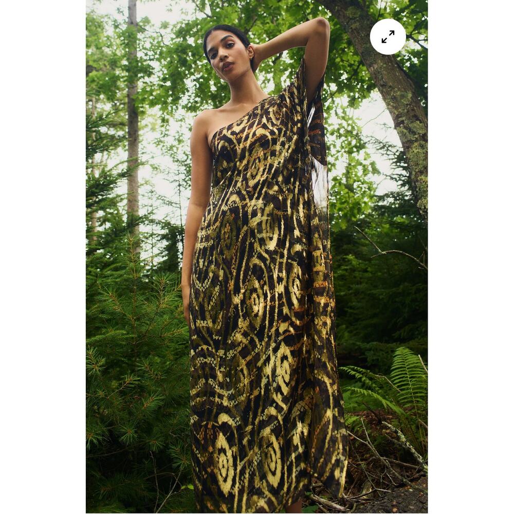 B60 Marie Oliver Farrow Caftan Maxi Dress Small One Shoulder Silk Metallic - Picture 4 of 11